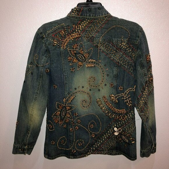 Chicos Design Small Denim Jacket Floral Embellished Embroidered Beaded Size 0 - Picture 6 of 9